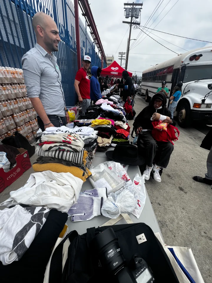 Clothing laid out for community distribution on Skid Row