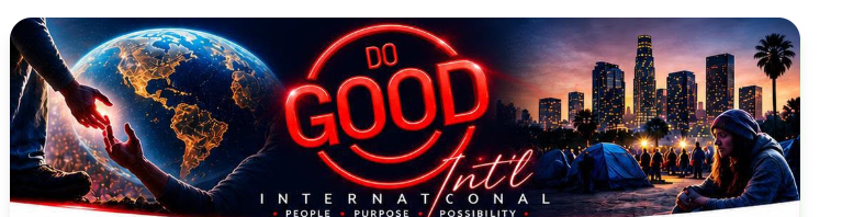 DO GOOD International illustrated banner with a globe and Los Angeles skyline