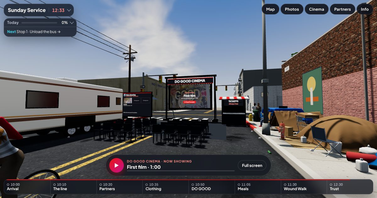 The pop-up cinema in the 3D street: a big screen under a marquee, rows of chairs and a ticket booth