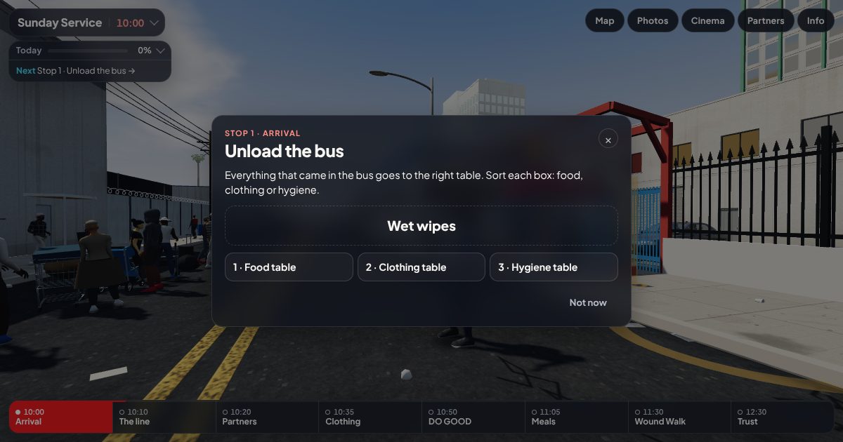 The task card for stop one, Unload the bus: sort each box to the food, clothing or hygiene table