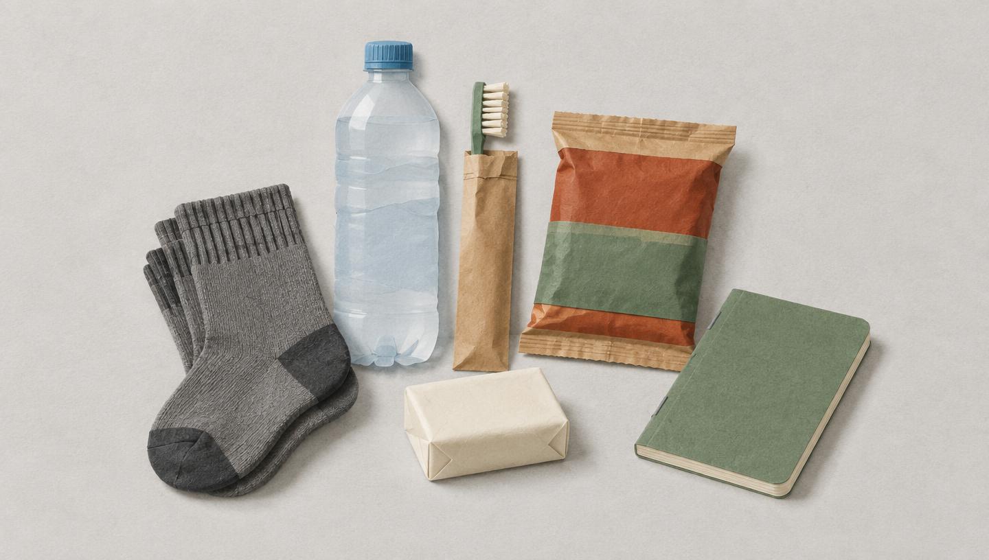 Editorial paper-collage illustration of a care kit with socks, water and hygiene supplies