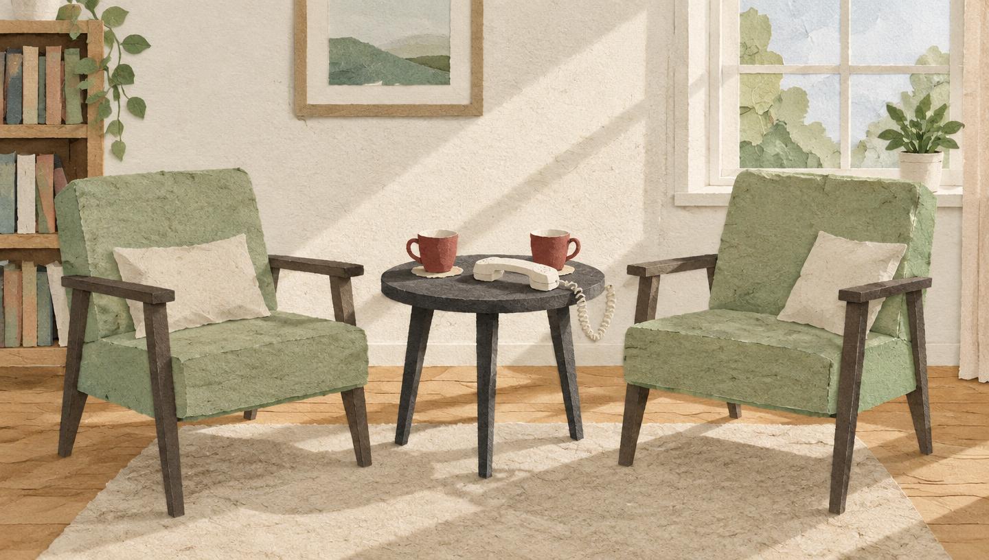 Editorial paper-collage illustration of two chairs, cups and a telephone for a neighborly visit
