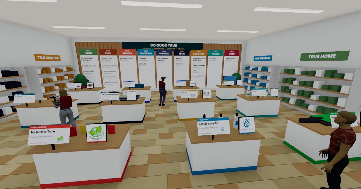 Inside the TRUE GOOD BRANDS house in the 3D walk: brand stands and the TRUE directory on the back wall