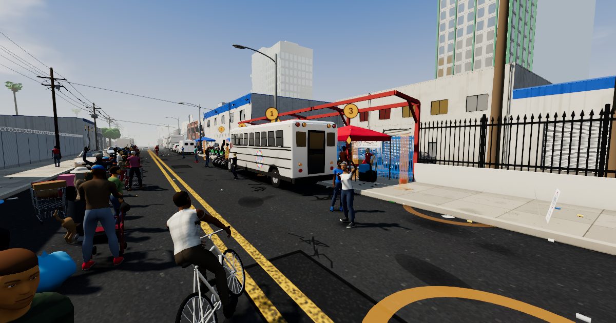 3D view down Towne Avenue on a Sunday morning: the line of people, the DO GOOD bus and the red canopy