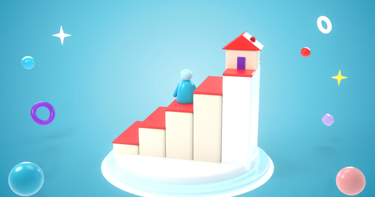 3D illustration: staircase leading up to a small house