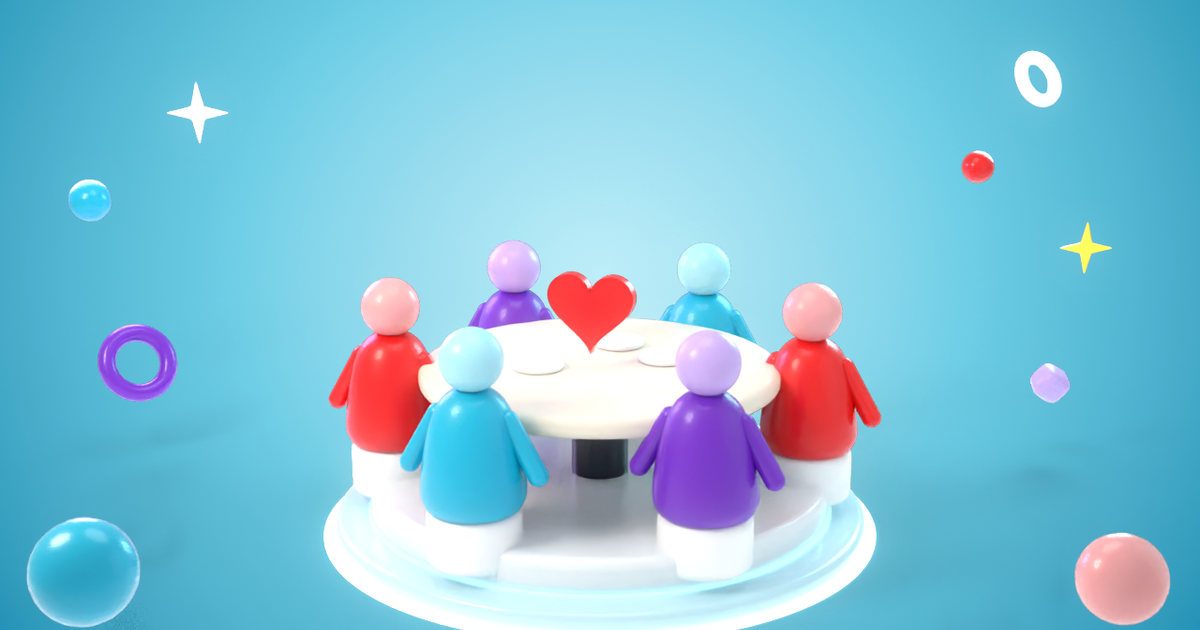3D illustration: round table surrounded by six colorful stools
