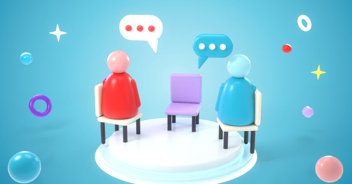 3D illustration: two people talking on chairs in a small circle, with one empty chair left free